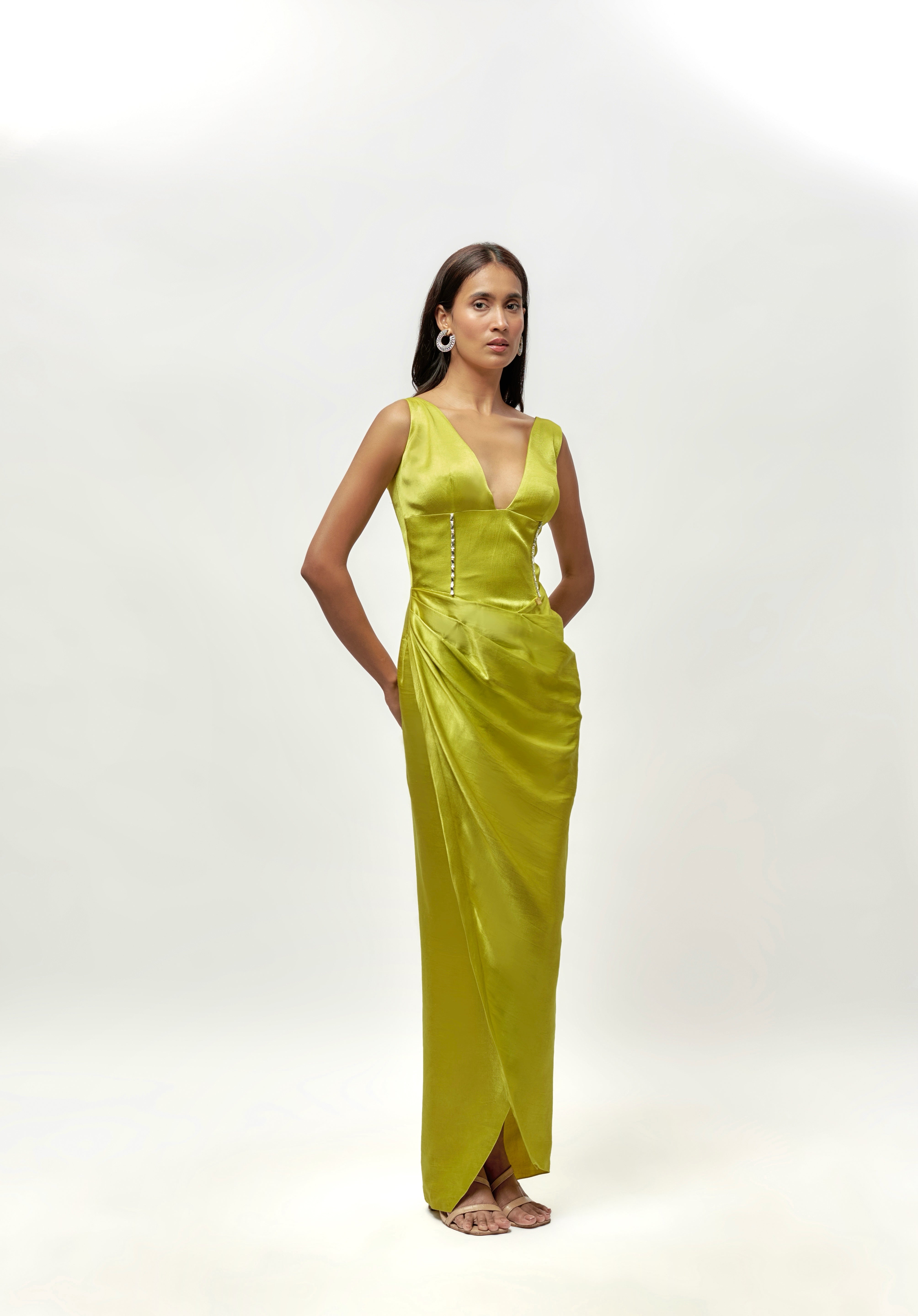 NEON GREEN DRAPE EMBELLISHED GOWN