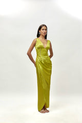 NEON GREEN DRAPE EMBELLISHED GOWN