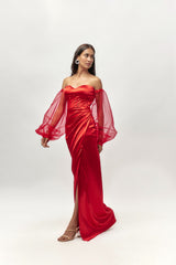 RED CORSET DRAPE GOWN WITH SLEEVES