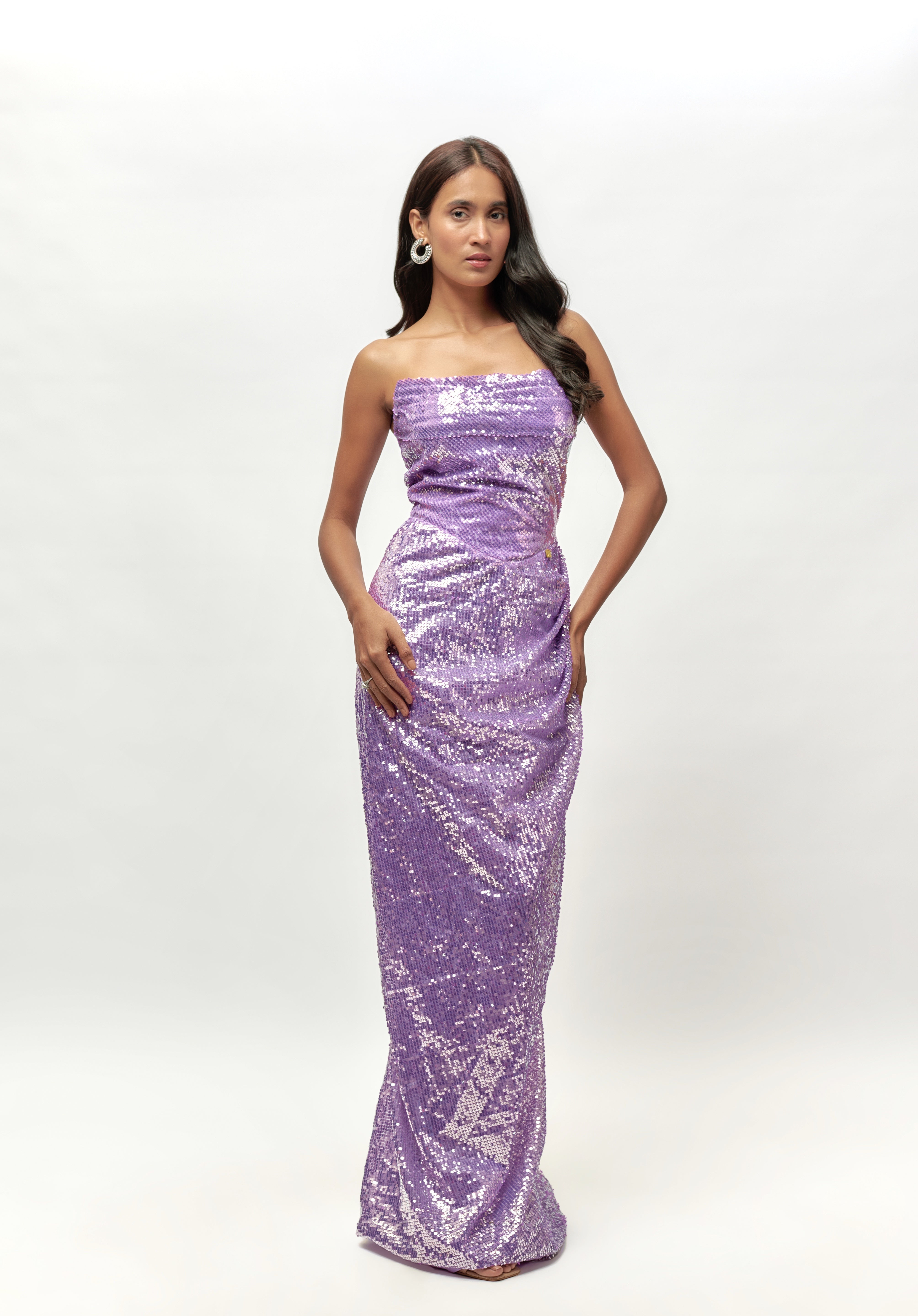 lilac sequin corset drape gown