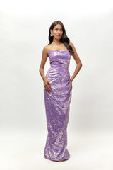 lilac sequin corset drape gown