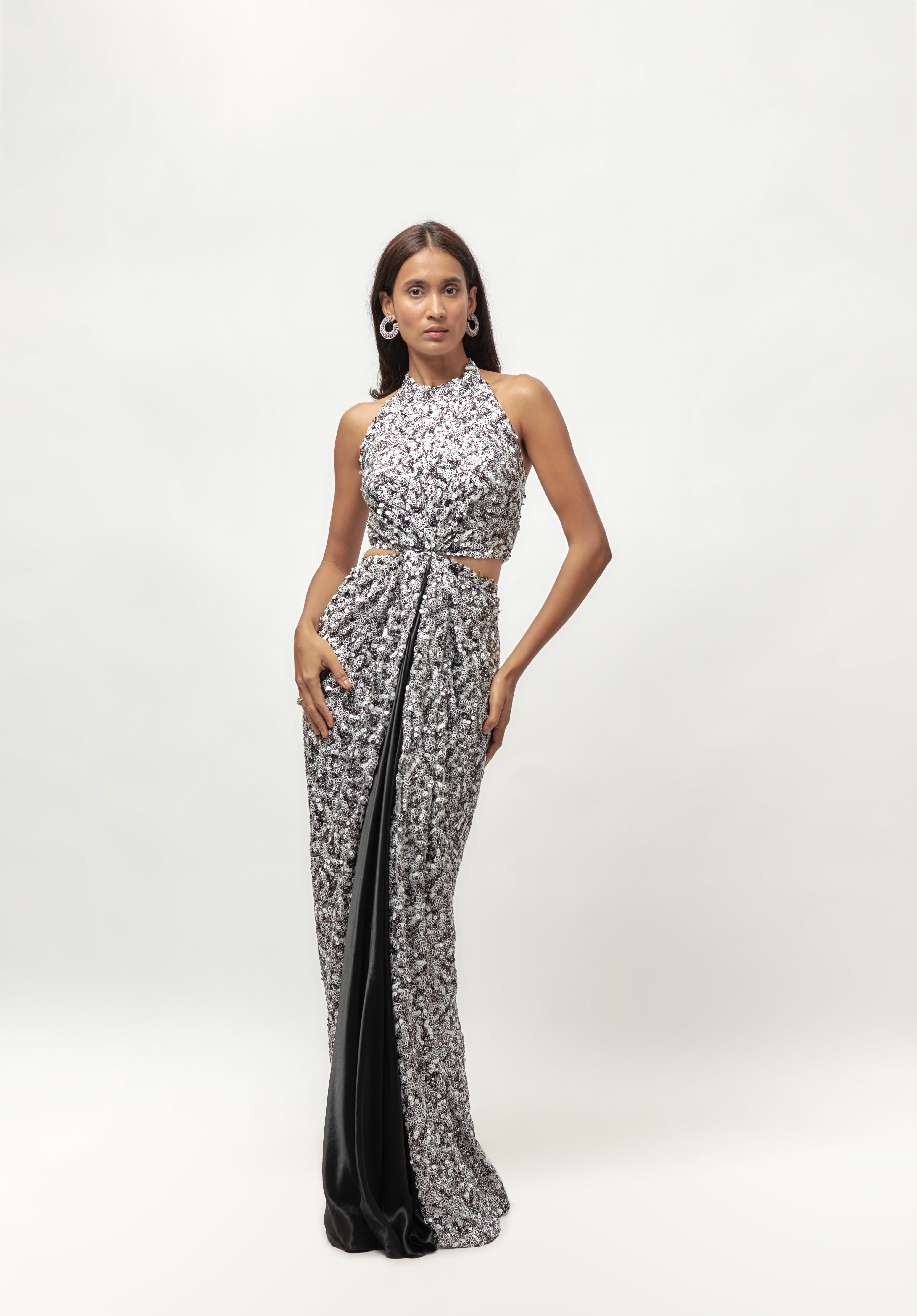 BLACK AND WHITE SEQUIN HALTER NECK CUT OUT GOWN