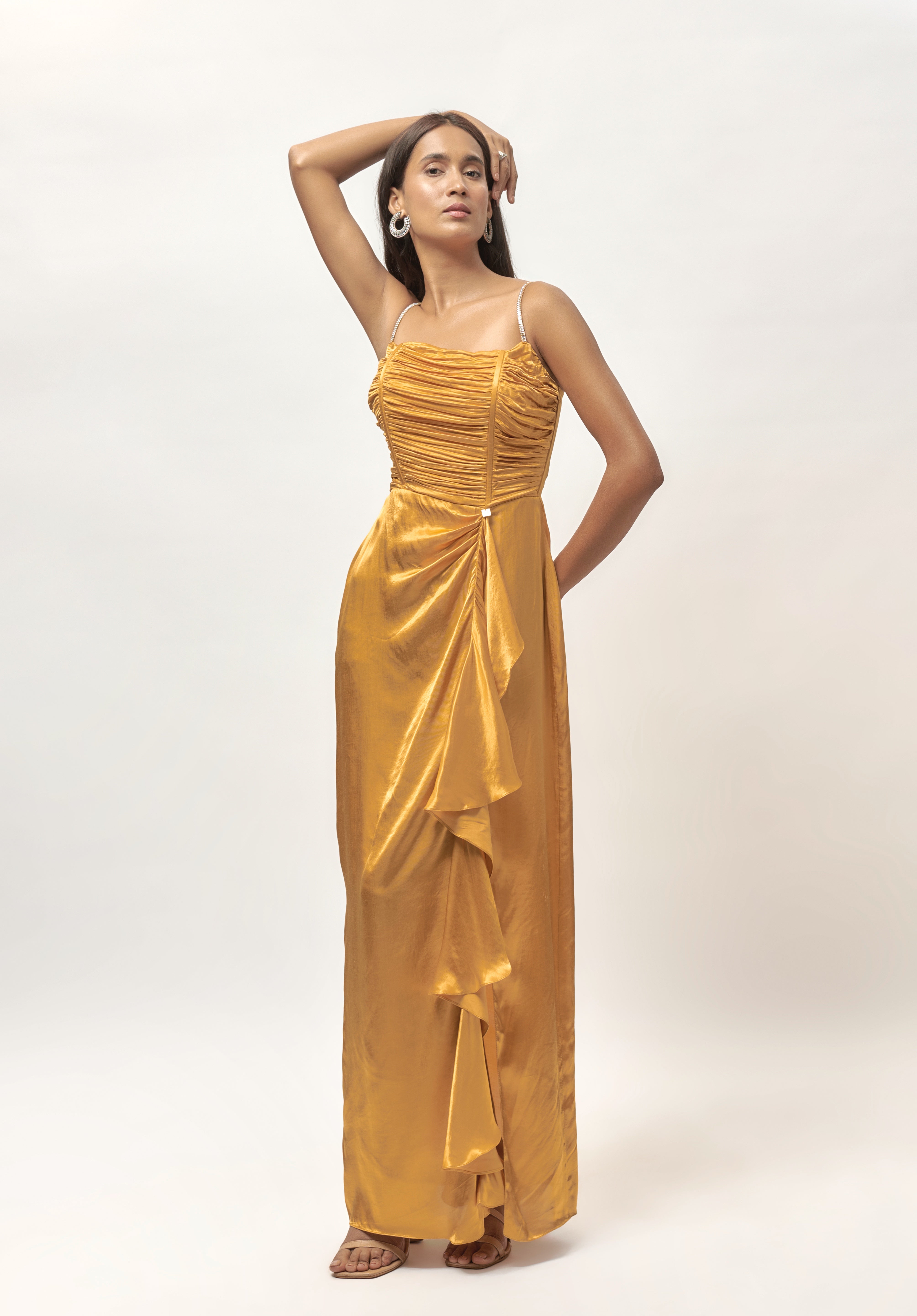 GOLDEN EMBELLISHED CORSET DRAPE DRESS