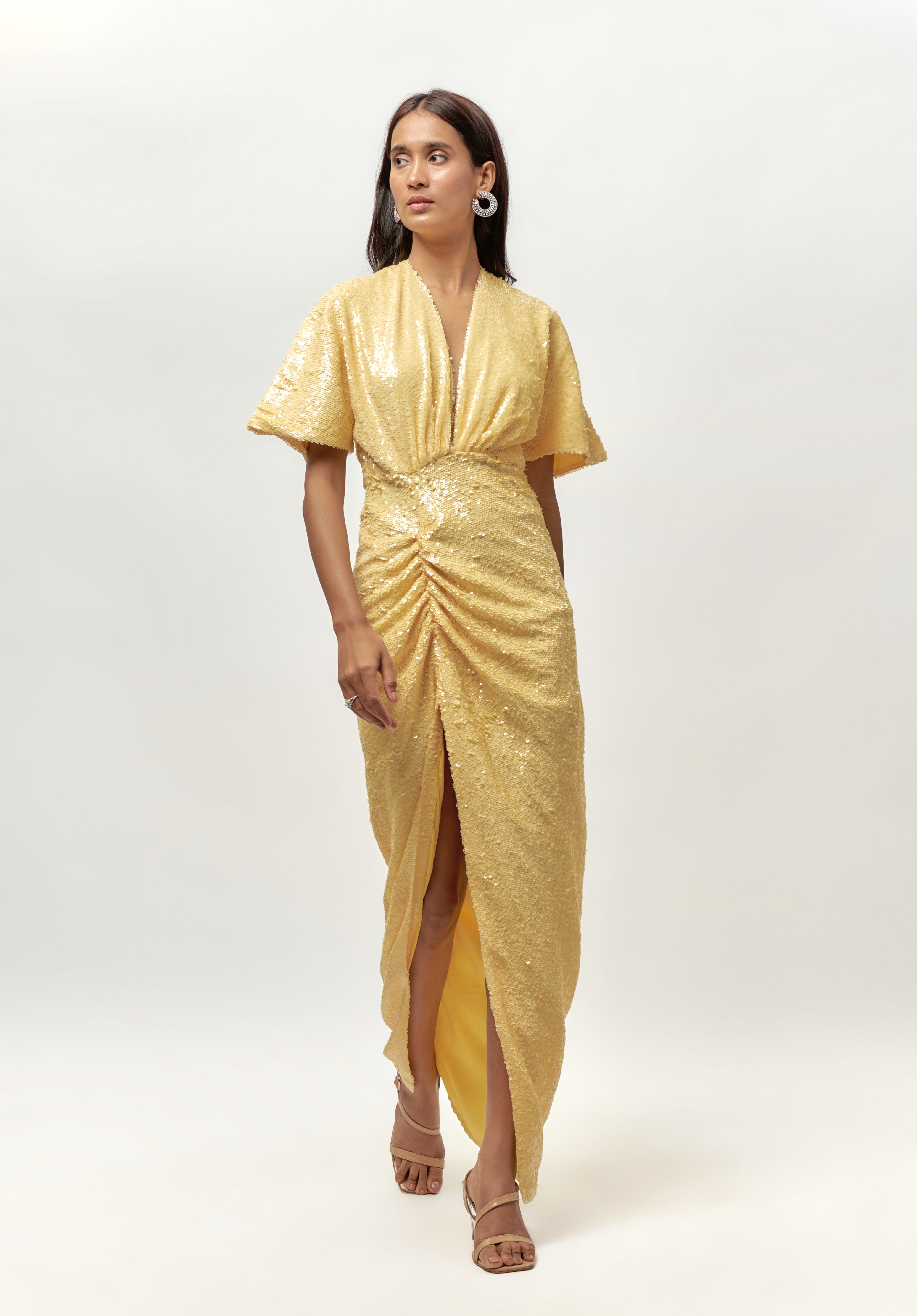 YELLOW SEQUIN DRAPE DRESS