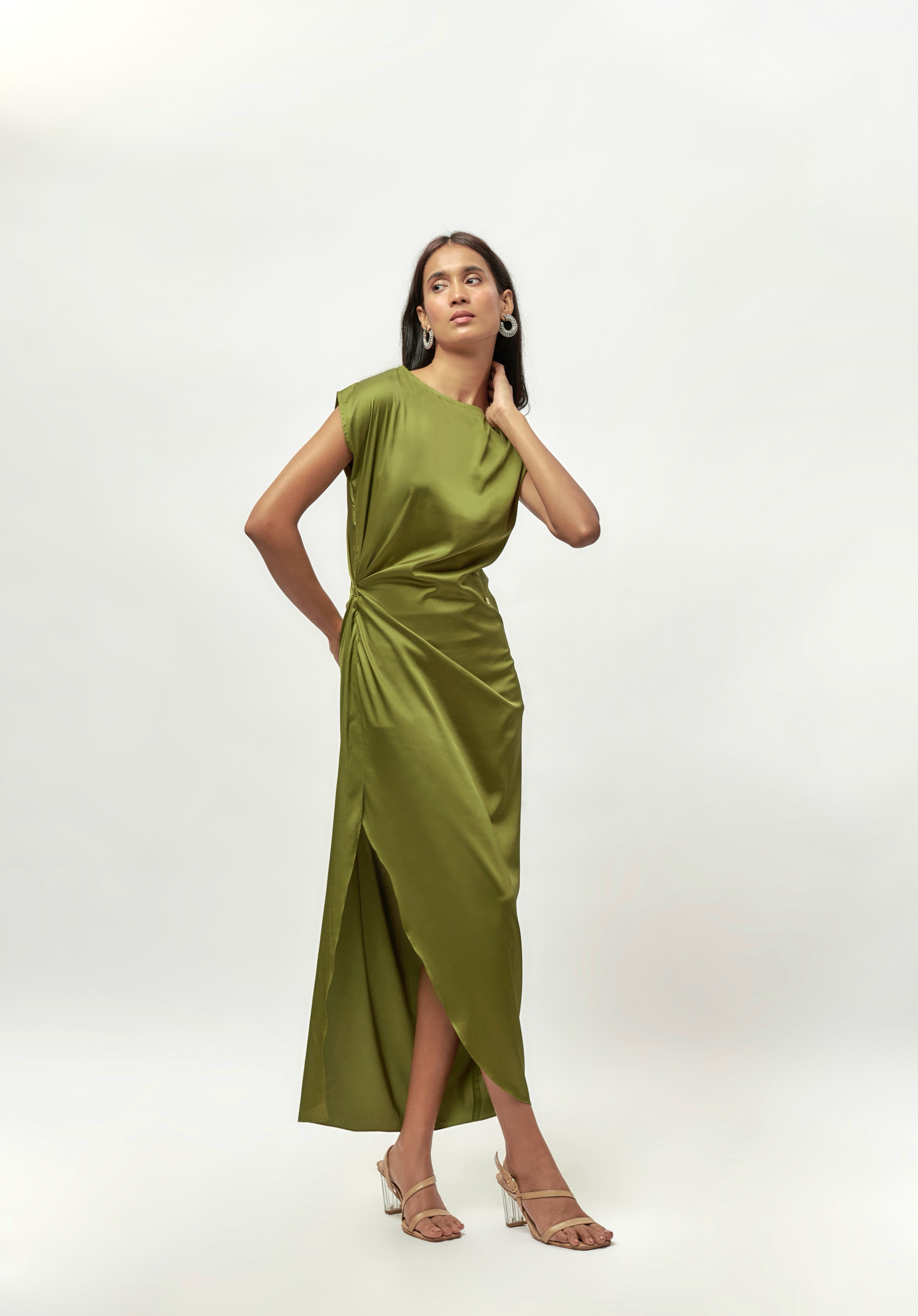 OLIVE GREEN DRAPE SATIN DRESS