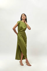 OLIVE GREEN DRAPE SATIN DRESS