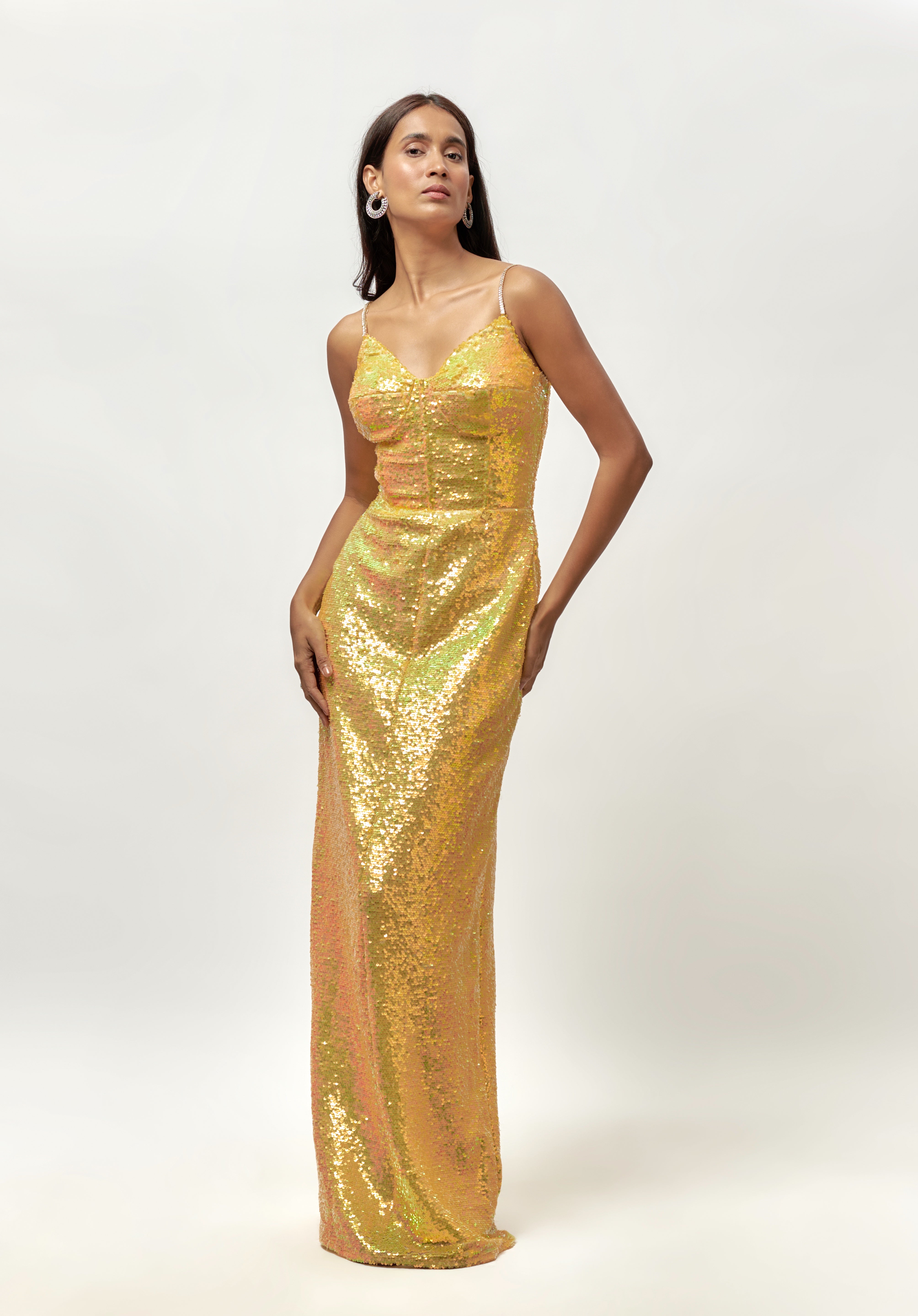 yellow sequin embellished dress