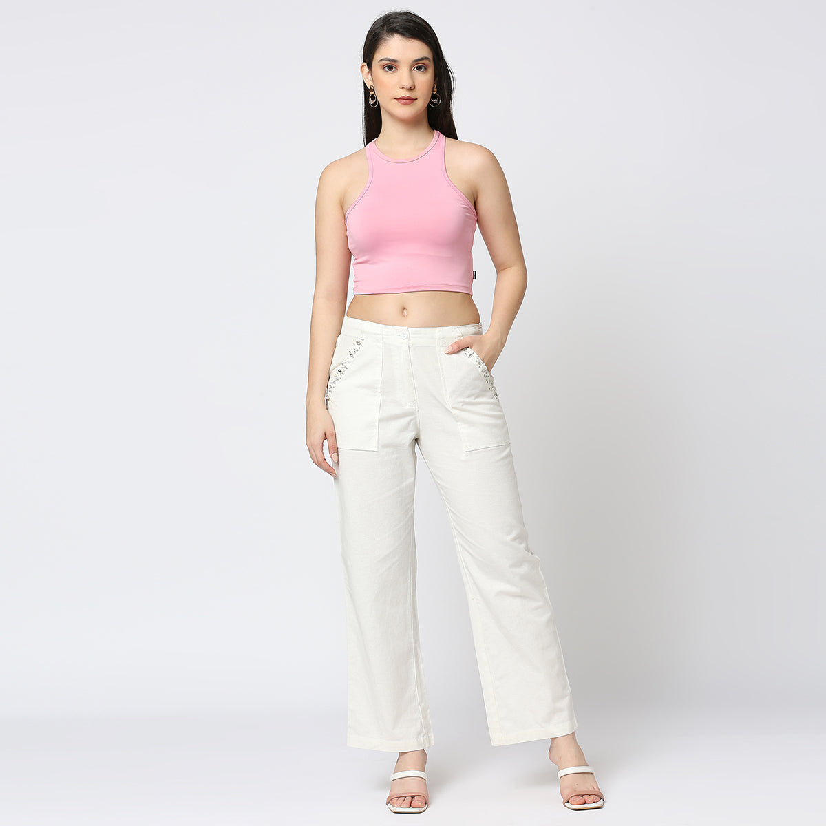 WHITE EMBELLISHED COTTON TROUSER