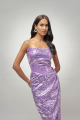 lilac sequin corset drape gown