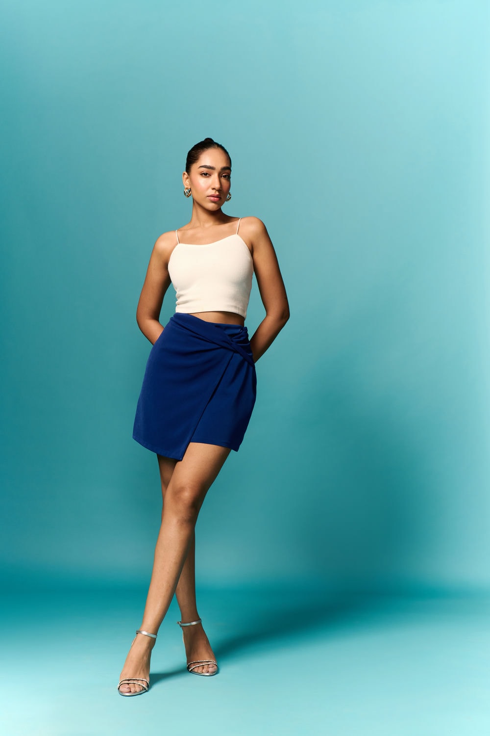 BLUE DRAPE SKIRT WITH WHITE TOP