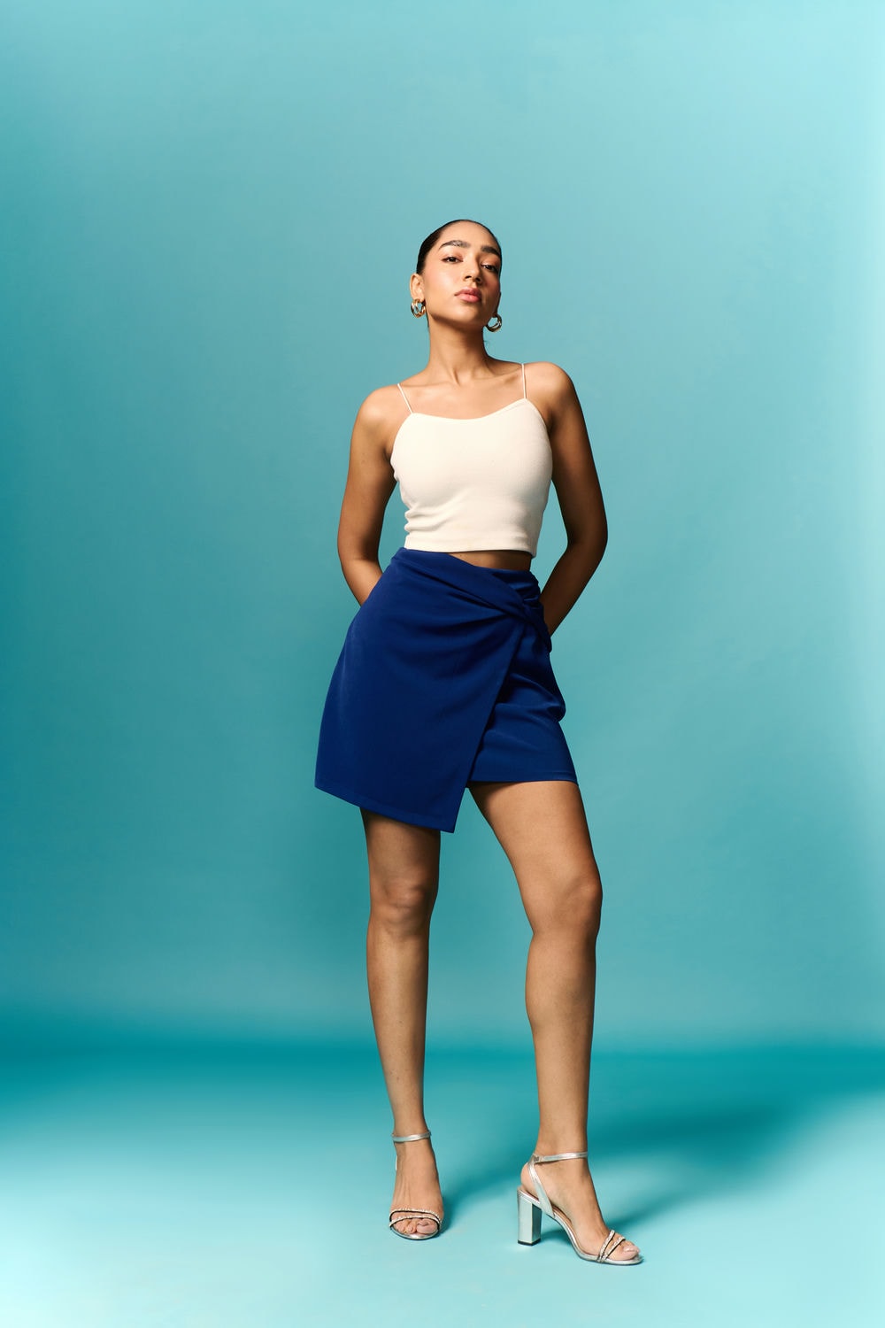 BLUE DRAPE SKIRT WITH WHITE TOP