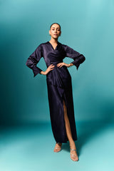 Navy blue long drape dress