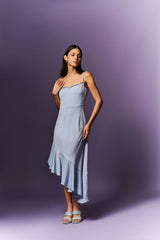 LIGHT BLUE ASSYMETRICAL HEMLINE WITH RUFFLE LONG DRES