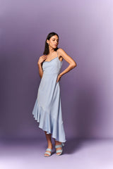 LIGHT BLUE ASSYMETRICAL HEMLINE WITH RUFFLE LONG DRES