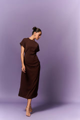 BROWN DOWN SLEEVE STRAIGHT FIT LONG DRESS