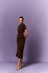 BROWN DOWN SLEEVE STRAIGHT FIT LONG DRESS