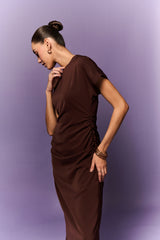 BROWN DOWN SLEEVE STRAIGHT FIT LONG DRESS