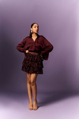 WINE LAYERED SKIRT WITH LOOSE SHIRT