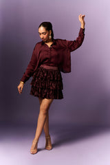 WINE LAYERED SKIRT WITH LOOSE SHIRT