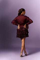 WINE LAYERED SKIRT WITH LOOSE SHIRT