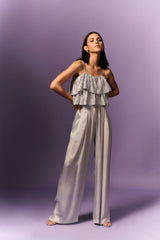 Silver pleated layered top and satin pant