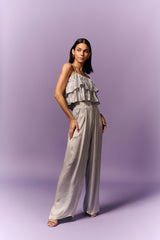 Silver pleated layered top and satin pant