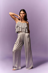 Silver pleated layered top and satin pant