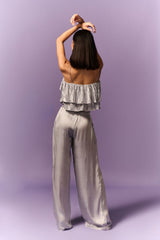 Silver pleated layered top and satin pant