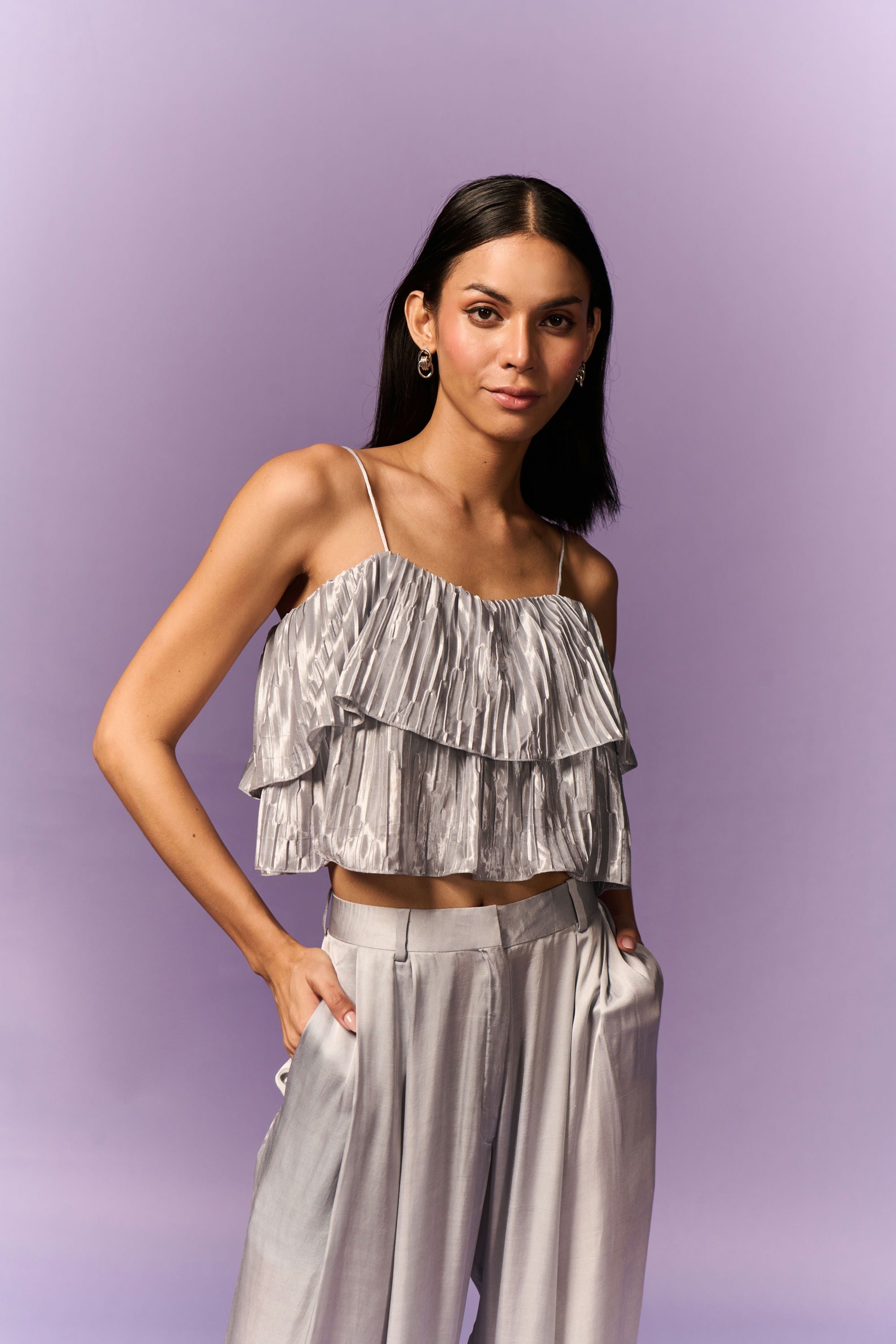 Silver pleated layered top and satin pant