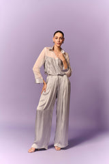 WHITE SILVER PLEATED FABRIC PATCH ORGANZA SHIRT  WITH PLEATED PANTS