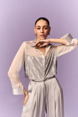 WHITE SILVER PLEATED FABRIC PATCH ORGANZA SHIRT  WITH PLEATED PANTS