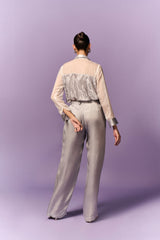 WHITE SILVER PLEATED FABRIC PATCH ORGANZA SHIRT  WITH PLEATED PANTS