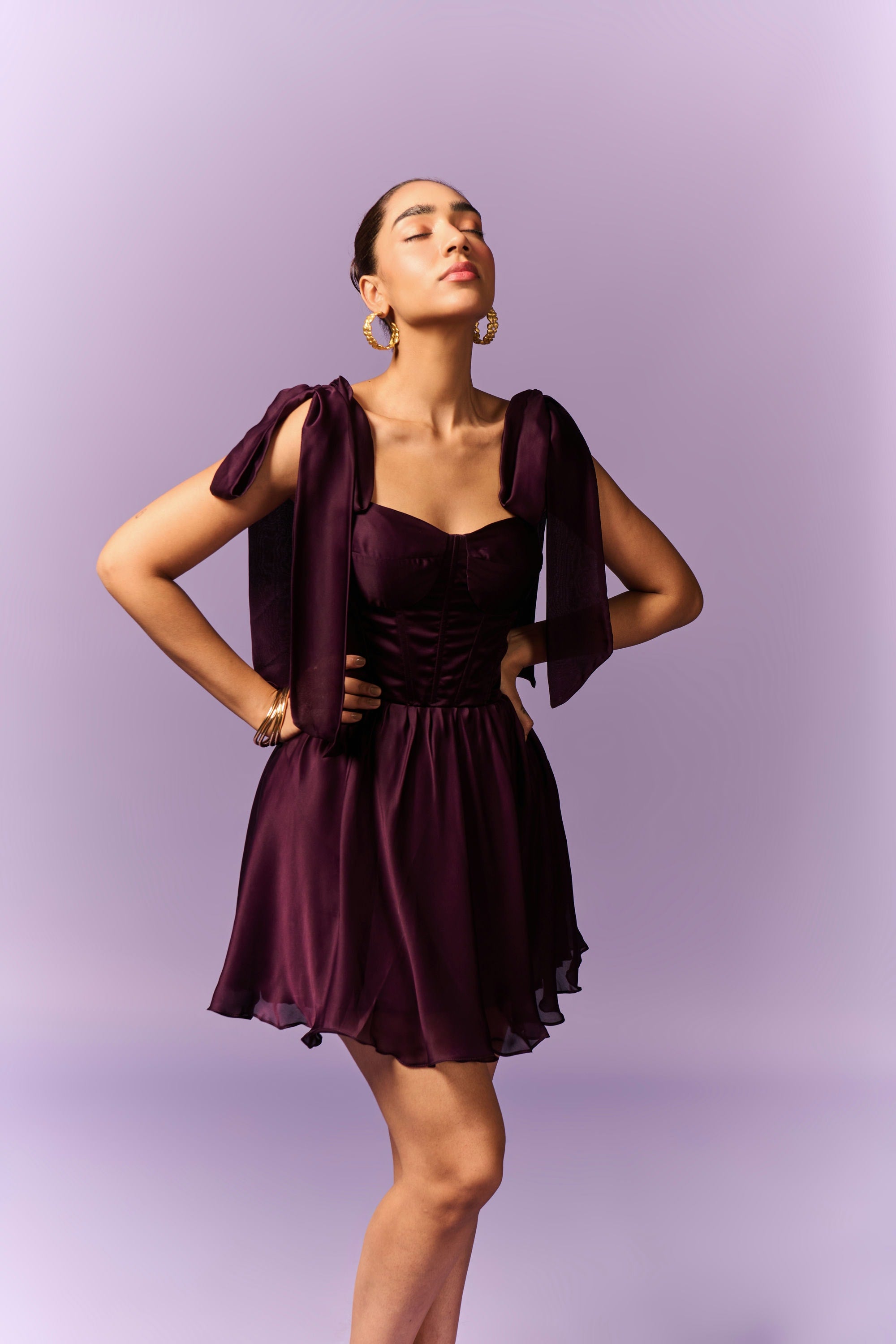 Purple Shoulder Tie-up Dress