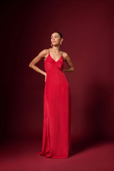 Red Crepe Embellished Maxi Dress