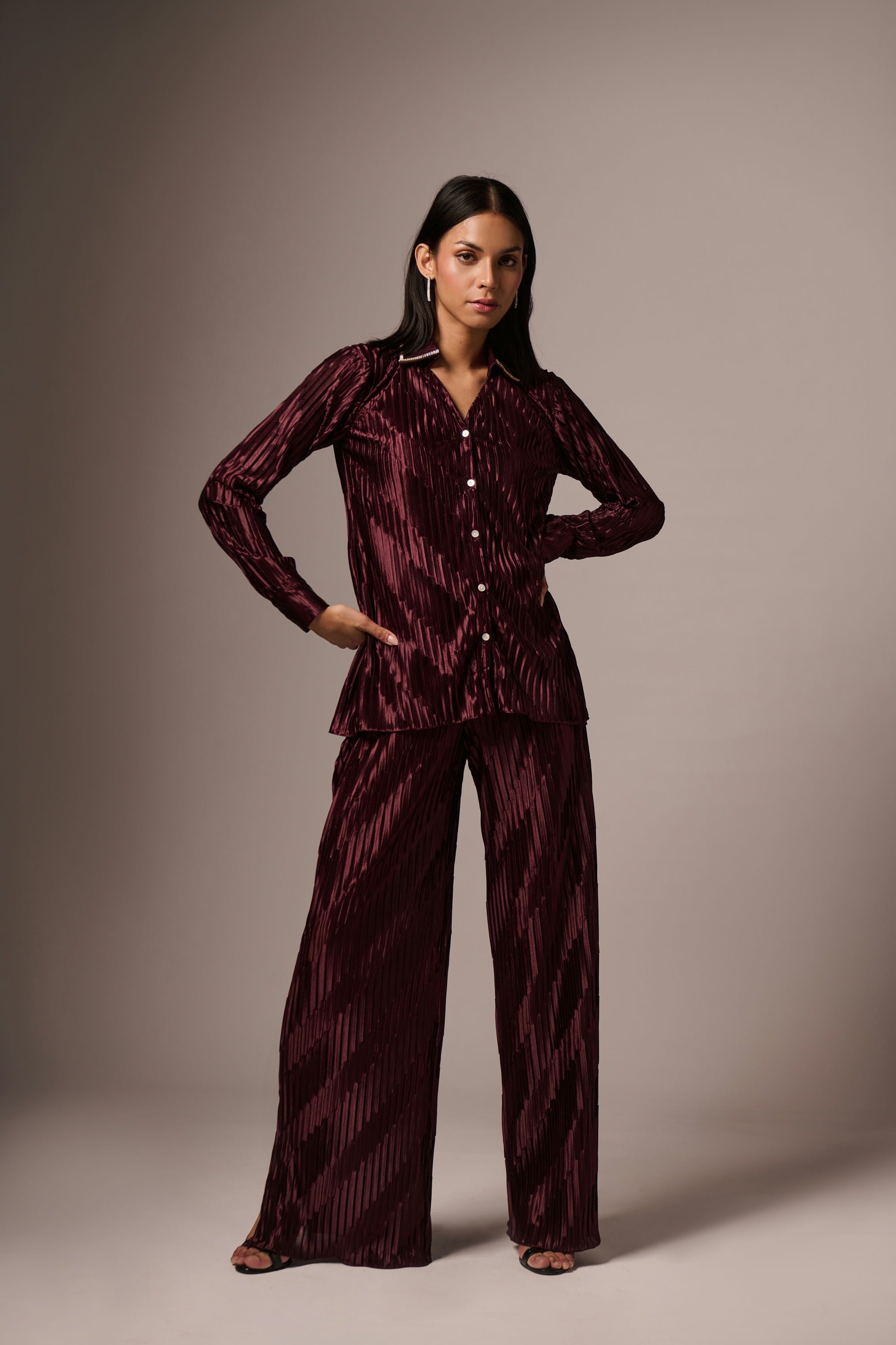 WINE PLEATED EMBELLISHED CO-ORD SET