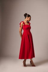 RED SHOULDER TIE-UP LONG DRESS