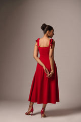 RED SHOULDER TIE-UP LONG DRESS