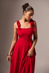 RED SHOULDER TIE-UP LONG DRESS