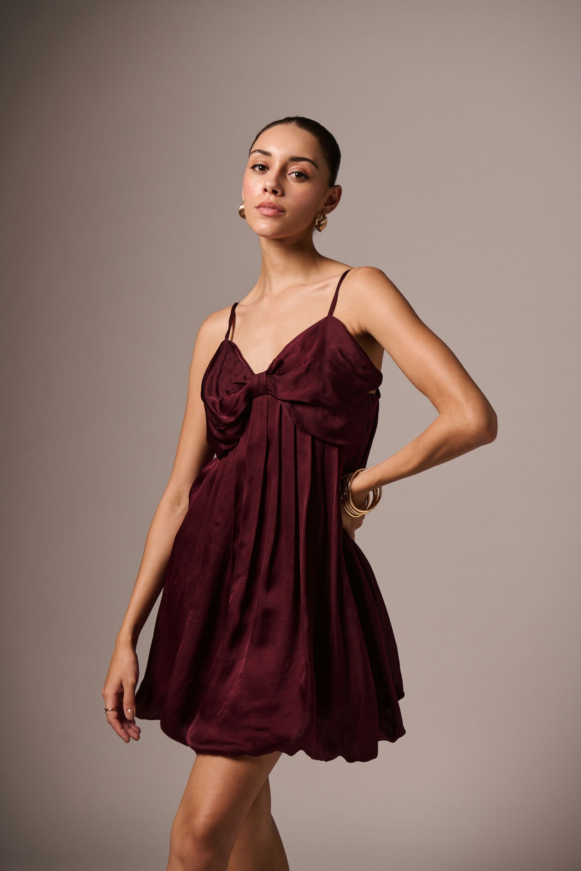 WINE  BOW NECK DRESS