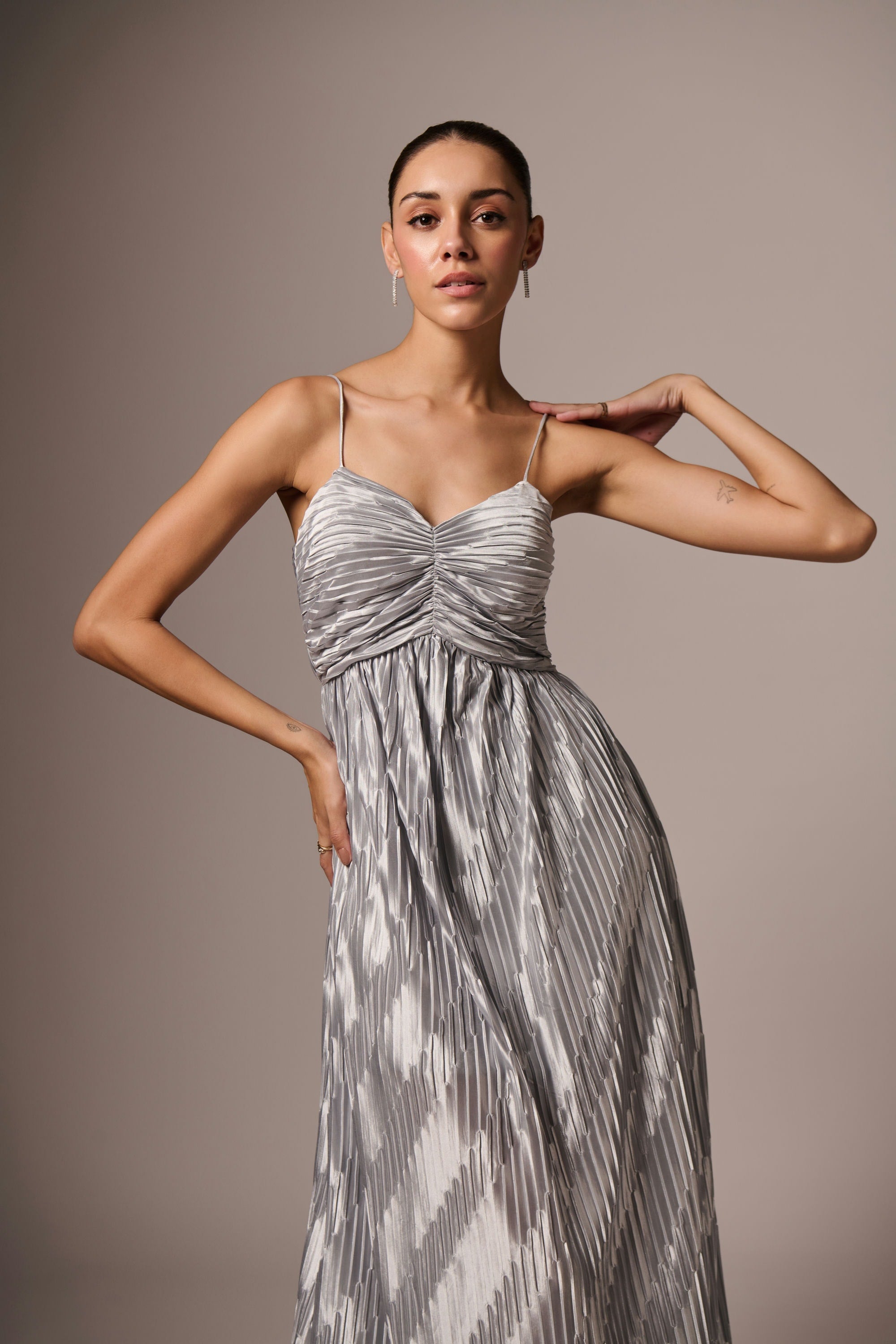 SILVER PLEATED LONG DRESS