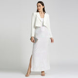 WHITE SEQUIN LONG SLIP DRESS WITH WHITE BLAZER