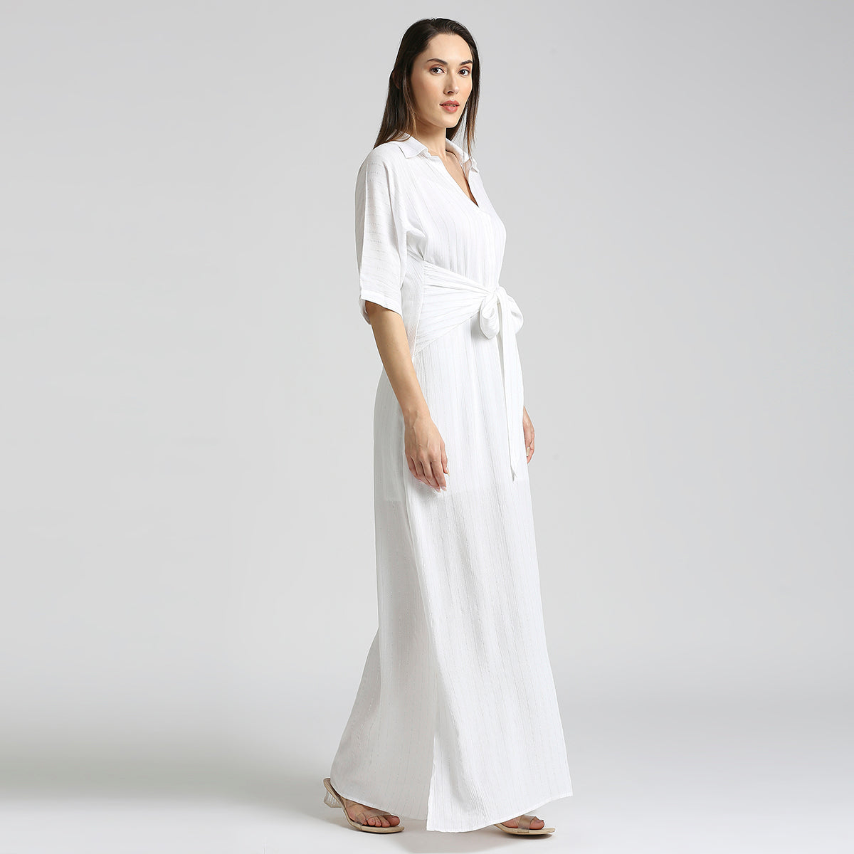 WHITE LUREX LONG TIE-UP DRESS