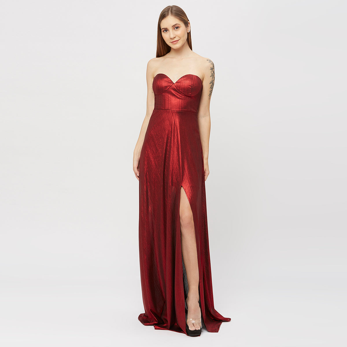 Red Metallic Slit Gown