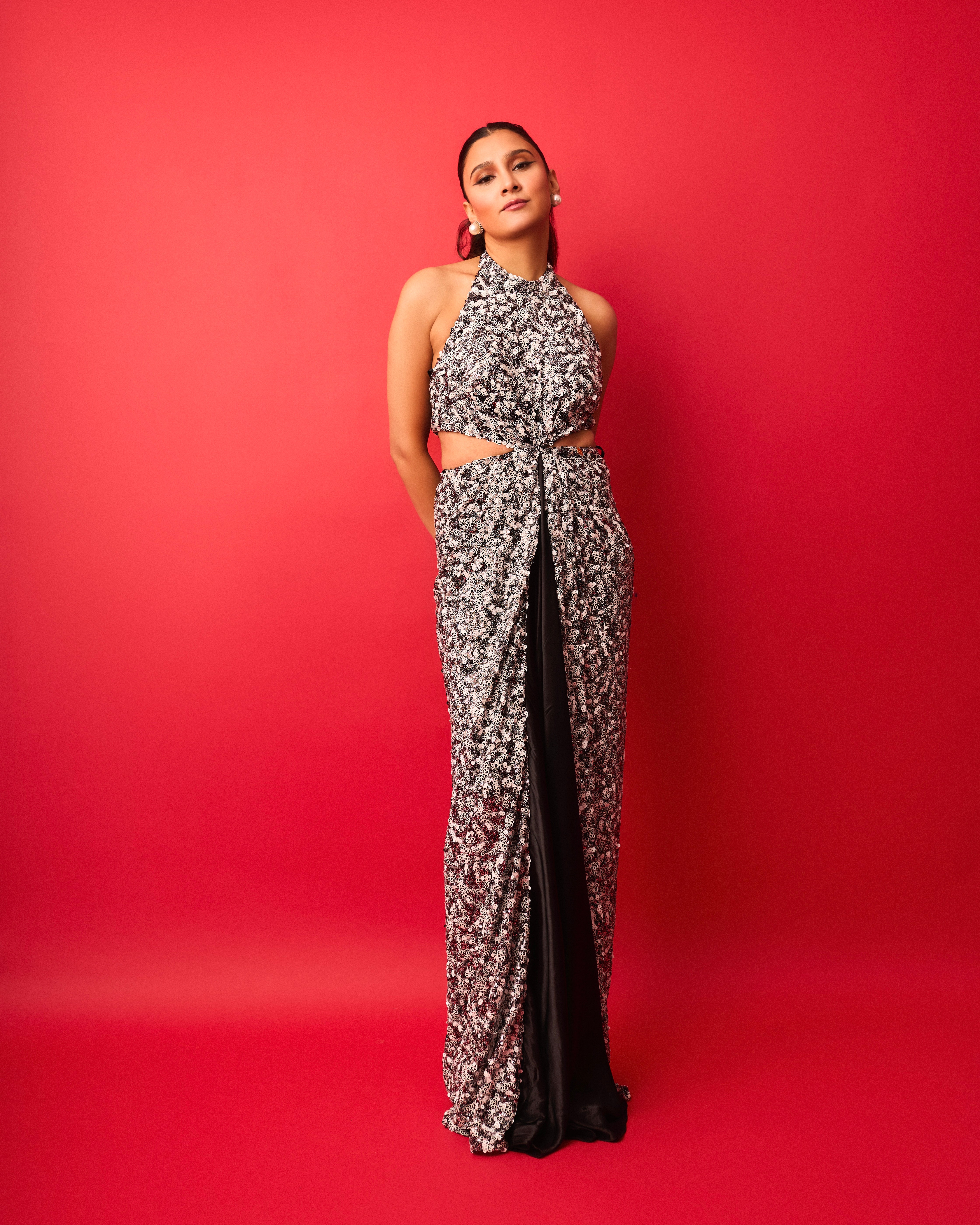 BLACK AND WHITE SEQUIN HALTER NECK CUT OUT GOWN