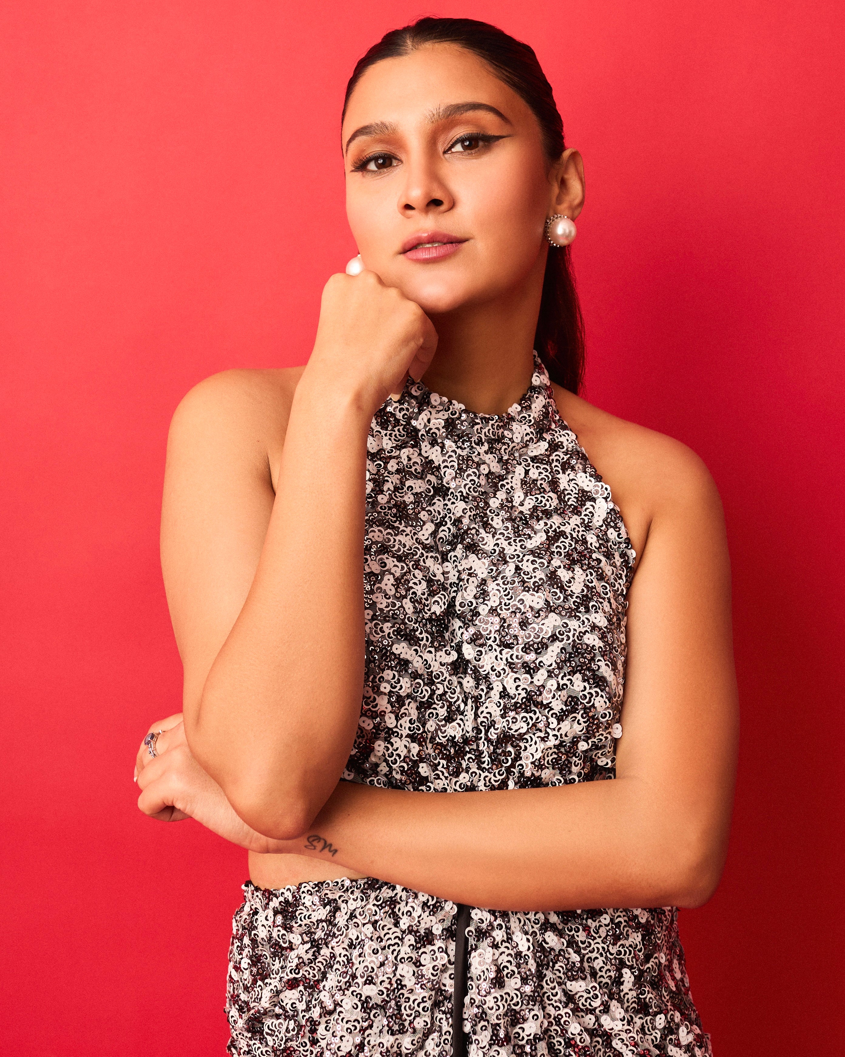 BLACK AND WHITE SEQUIN HALTER NECK CUT OUT GOWN