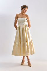 Yellow brocade embellished flayered dress