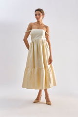Yellow brocade embellished flayered dress