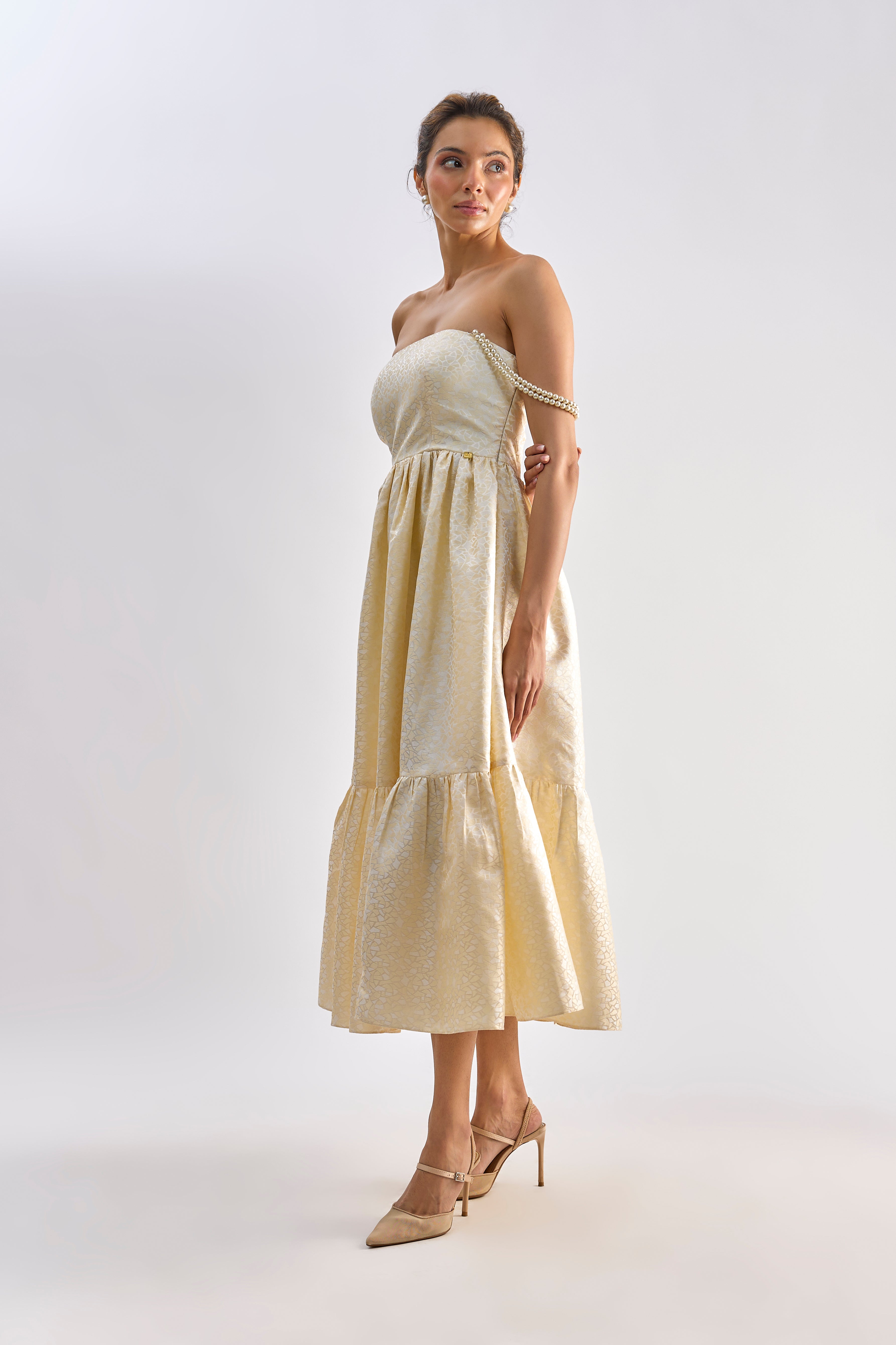 Yellow brocade embellished flayered dress