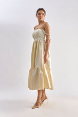 Yellow brocade embellished flayered dress