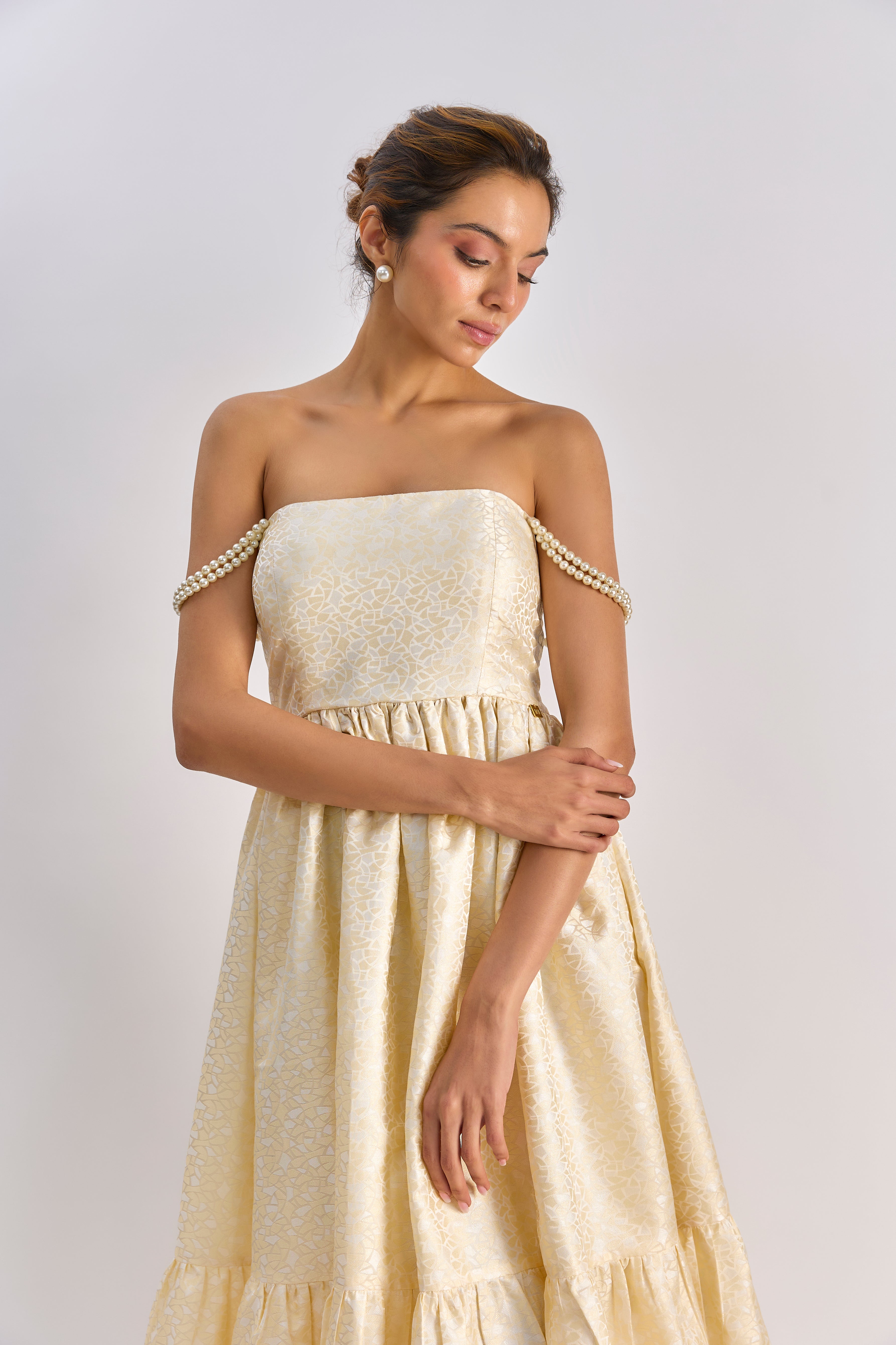 Yellow brocade embellished flayered dress